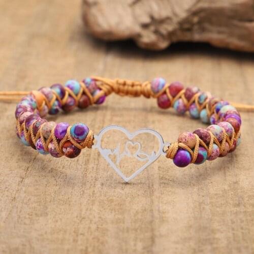 Heart Stainless Steel Charm Macrame Bracelets Natural Purple Jaspers String Braided Bracelets Double Layers Inspired Jewelry