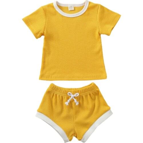 0-3T Baby Summer Clothing Infant Baby Girl Boy Clothes Short Sleeve Solid Tops T-shirt+Shorts Pants Ribbed Solid Outfits