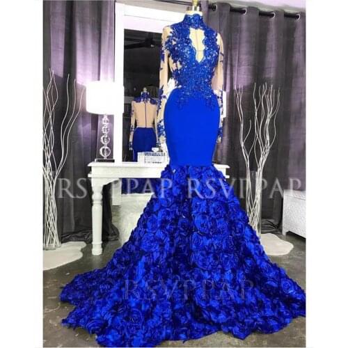 Royal Blue Mermaid Long Prom Dress 2021 Real Pictures Sexy See Through Top Beaded Appliques 3D Flowers Long Sleeve Prom Dresses