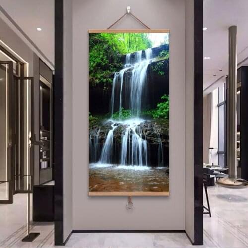Modern Green Scenery Canvas Painting Nordic Poster Mountain Waterfall Wall Art Picture for Living Room Wall Art Decor with Frame