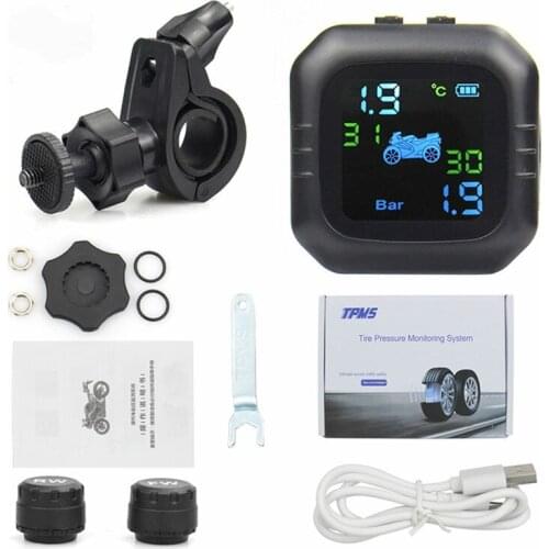 Tire Pressure Monitor Solar Charging Motorcycle TPMS Tire Pressure Temperature Monitoring Alarm System with 2 External Sensors