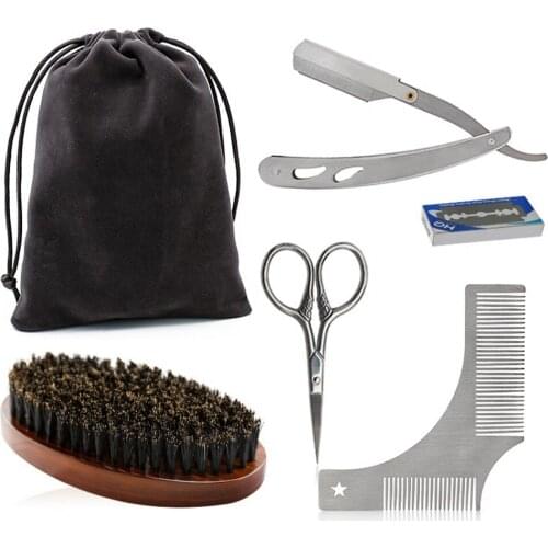 Men Beard Tools Kit Luxury Gift Set With Beard Brush Shaving Razor Shear And Beard Comb Mustache Care Tool