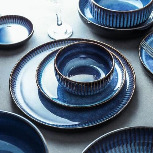 Ceramic Deep Blue Dinner Set Porcelain Tableware Set for 2/4 Person Use Bowl Dish