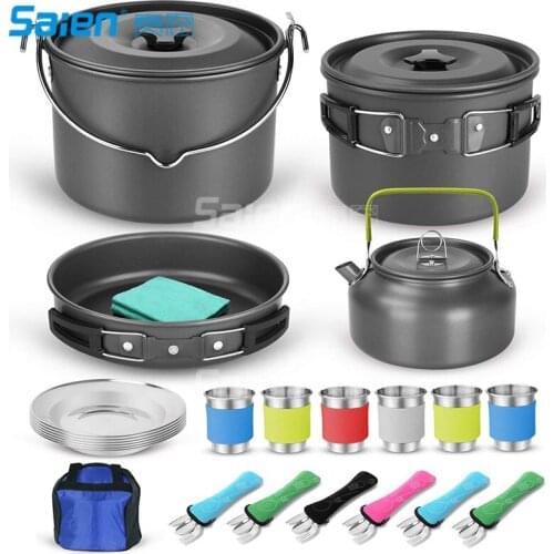 39pcs Camping Cookware Mess Kit for 6 and more, Large Size Hanging Pot Pan Kettle with Base Dinner Cutlery Sets, Cups Dishes
