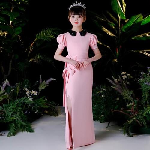 2020 New Girls Sexy Sequins Evening Dress kids Catwalk A-line princess dress birthday party Pink dress for girls vestidos L474