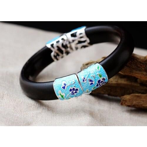 Silver Jewelry Wholesale Women Retro Thai Silver S925 Sterling Silver Bangle Handmade Natural Ebony Bangle