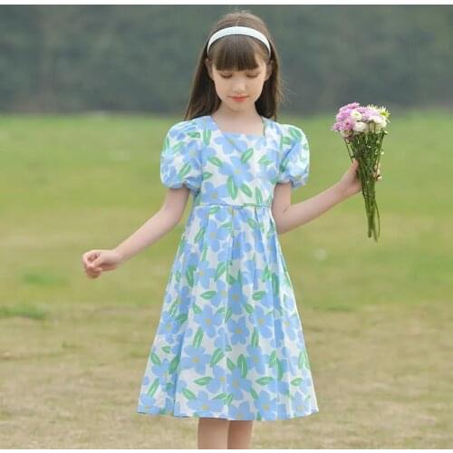 Teens Girls Princess Dress for Girls Summer Dress Blue Floral Puff Sleeve Dress Elegant Children Dress Kids Girls Party Vestidos