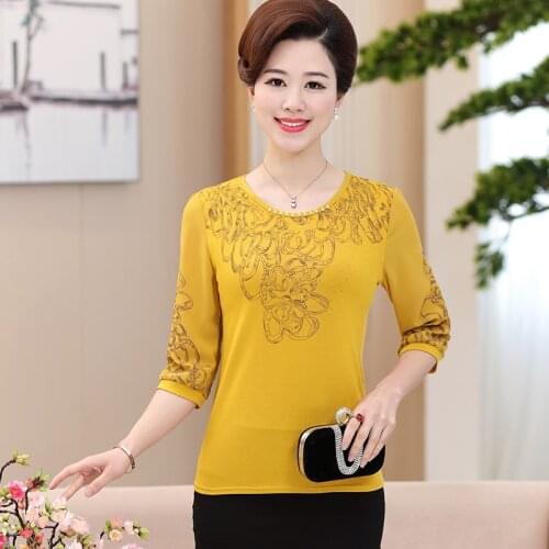 Chiffon sleeve Three Quarter Sleeve Mother Tops Pullover T-Shirts Elastic Plus Size 5XL Middle Age Women Diamond Tee Shirt