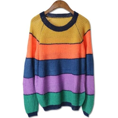 Sweaters women Preppy style 2017 winter loose sweater female rainbow gradient wide stripe full sleeve o collar knitting