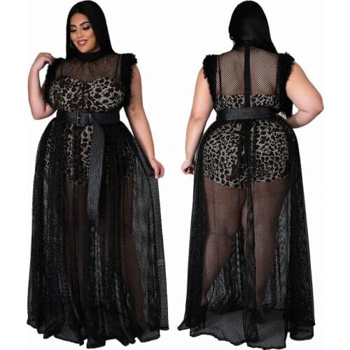 Xxxl Party Sexy Maxi Dresses Summer Dress Women Plus Size Mesh Dress with Leopard Lining Transparent Club Wholesale Dropshipping
