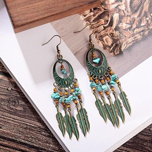 Vintage Leaf Shape Gypsy Indian Jhumka Earrings For Women Earrings Blue Stone Beads Alloy Drop Earrings Boho Jewelry