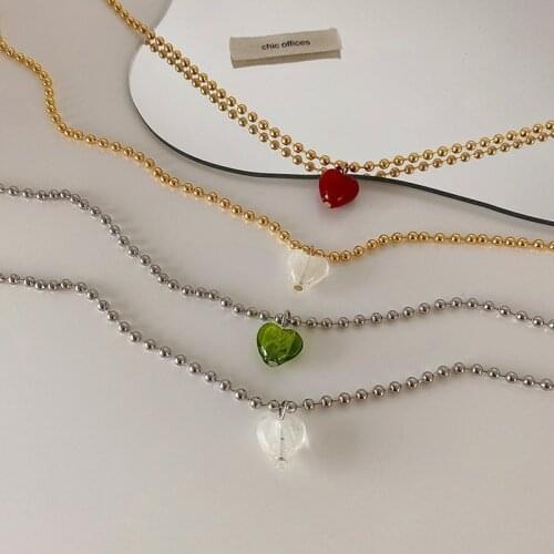 VSnow French Vintage Love Heart Transparent Resin Pendant Necklace for Women Delicate Gold Silver Color Beads Necklace Jewelry