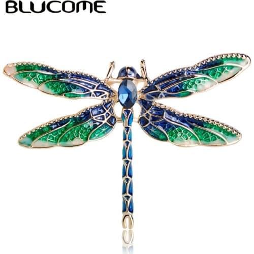 Blucome Vivid Green Enamel Dragonfly Fly Brooches Zinc Alloy Insect Brooch Pins For Women Kids Coat Clothes Accessories Jewelry