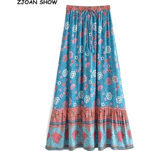 2021 Bohemia Bright Blue Floral Print Long Skirt Spliced Ruched Ruffle Hem Hippie Women Tassel Bow Waist Swing Skirts Holiday