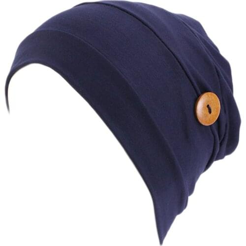 Women Modal Cotton Pleated Turban Cap Button Face Mask Holder Solid Color Nurse Protect Ears Head Wrap Stretch Chemo Hat