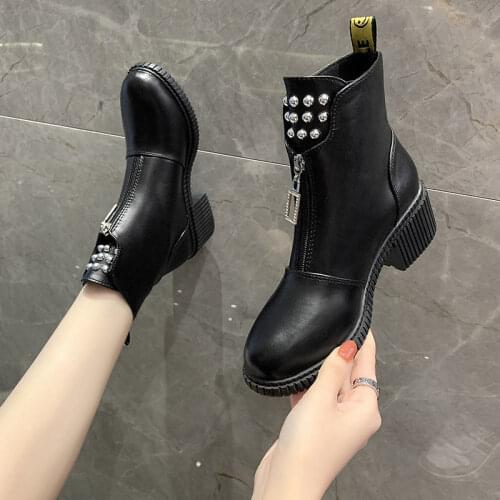 Womens Boots Fashion Boots Korean Version Front Zipper Round Toe Thick Heel Retro Martin Boots Plus Cotton Mid-heel Snow Boots