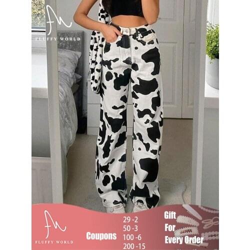 2021 High Waist Loose Comfortable Jeans for Women Streetwear Pants Milk Pattern Y2K Fashion Straight Trousers Jeans FLUFFY WORLD