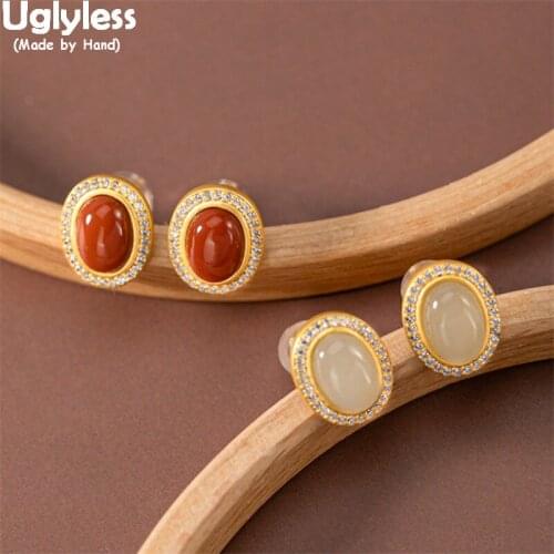 Uglyless Office Lady Elegant Dress Gemstones Studs Earrings Women Natural Agate Jade Earrings 925 Silver Zircons Brincos Bijoux