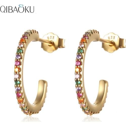 925 Sterling Silver Hoop Earring Gold Circle Color Zircon Ear Jewelry Sweet Simple Noble Gift Earrings for Women