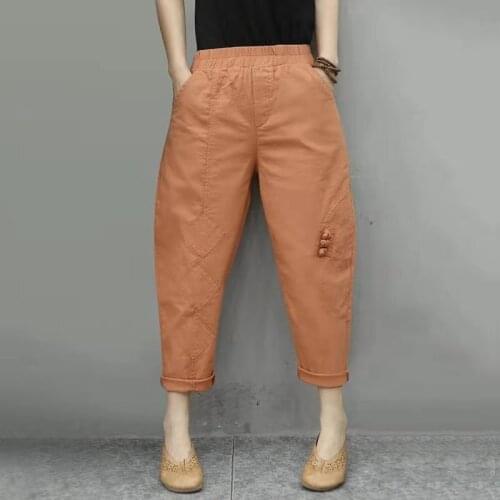 2021 New Arrival Summer Women Loose Elastic Waist Harem Pants All-matched Cotton Linen Button Patchwork Calf-length Pants W100