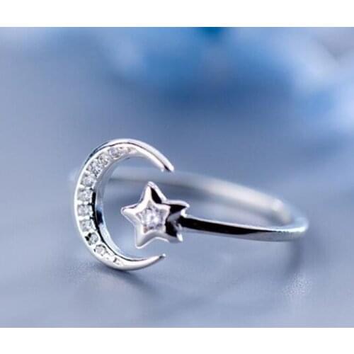 Real 925 Sterling Silver Zircon Moon Star Opening Rings for Women Charm Jewelry Crystal Couple Ring Party Fine Jewelry 2021 Gift