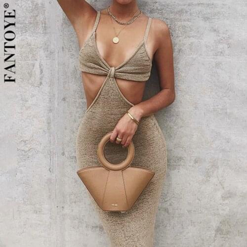 Fantoye Sexy Solid Spaghetti Strap Maxi Dress Women V-neck Hollow Out Bodycon Dresses Partywear 2021 Spring Backless Vestido Hot