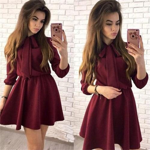 2020 Summer Causal Long Sleeve Dress Femme Vetidos Womens Elastic Waist Dress Solid Color Summer Bow-knot A-Line Mini Dress