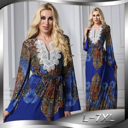Abaya Muslim Hijab Dress Women Africa Clothing Bohemia Print Beach Long Dresses Lace-up Dubai Jilbab Elbise Robe Plus Size L-7XL