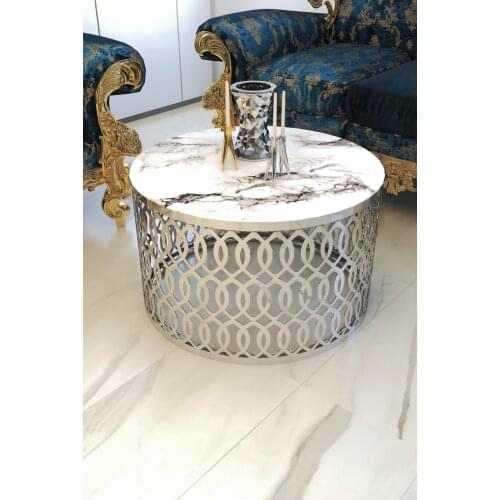 White Marble Pattern Glazed Laser Cut Lux Silver Medium Coffee Table wohnzimmertisch طاولة غرفة معيشة столик из стекла