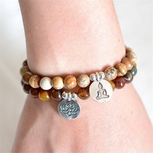 Hot Sale 8mm Natural Energy Picture Stone Chakra Bracelet Yoga Set Bracelet Lotus Buddha Statue Pendant Strand Bracelet Wholesal
