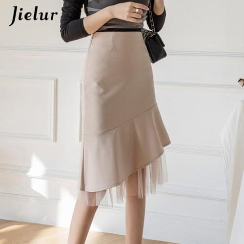 Jielur Fashion Mesh Stitching Skirt New Elegant Mermaid Ladies A-line Bodycon High Waist Skinny Skirt Spring Summer Skirts 2021
