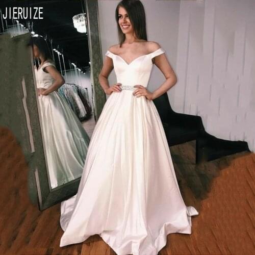 JIERUIZE New Satin Wedding Dresses Off the Shoulder V Neck Backless Beach Bride Dresses Simple Wedding Gowns vestido de noiva