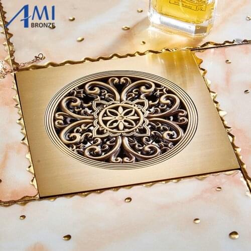 15CM Square Brass Drains Antique Brushed Carved Floor Drain Bathroom Kitchen Shower Room Porch Waste Strainer Floor Drain