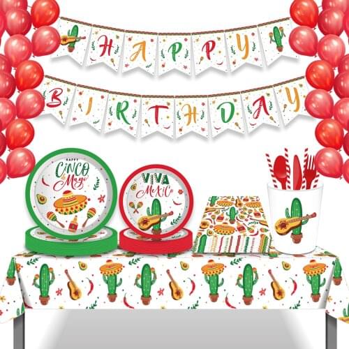 Summer Mexico Cactus Birthday Party Holiday Tableware Disposable Plates Napkin Cups Mexican Party Favors Tableware Supplies
