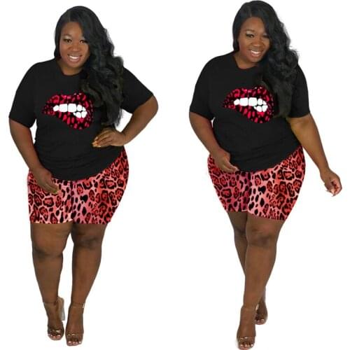 5XL Plus Size Womens Sets Lips Print T-shirt Top Leopard Shorts Two Piece Set Casual Outfits Activewear Jogger Suit Tracksuit