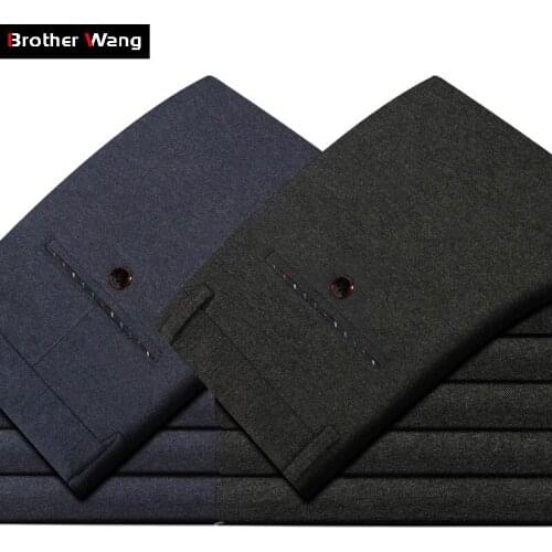 2020 New Mens Sanded Casual Pants Business Fashion Solid Color Classic Style Stretch Fit Trousers Male Khaki Black Coffee Navy