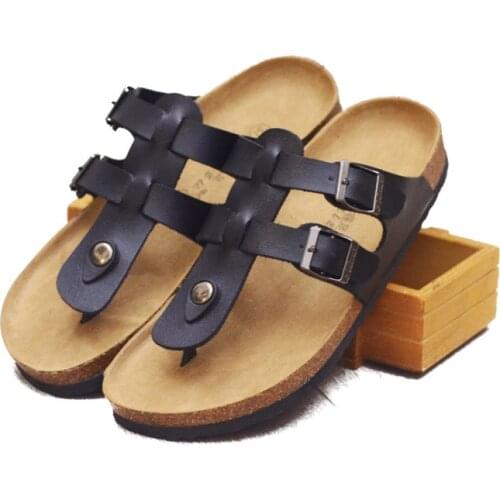 Mens Slippers Summer Flip Flops Cork Beach Flops Couple Leather Sandals