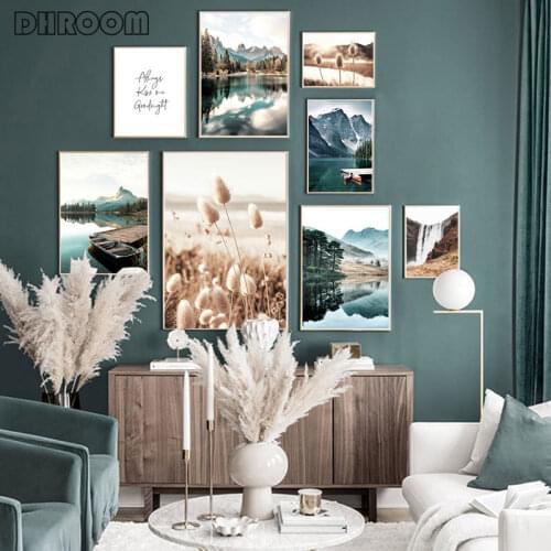 Nature Landscape Posters on The Wall Lake Boat Nordic Canvas Print Painting Beach Grass Wall Art Picture for Living Room Decor