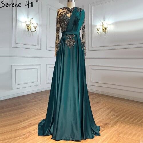 Prom Dress Muslim Blue Beaded Satin A-Line Sexy Evening Dresses Gowns For Woman Wedding Party Night Party DLA71135 Serene Hill