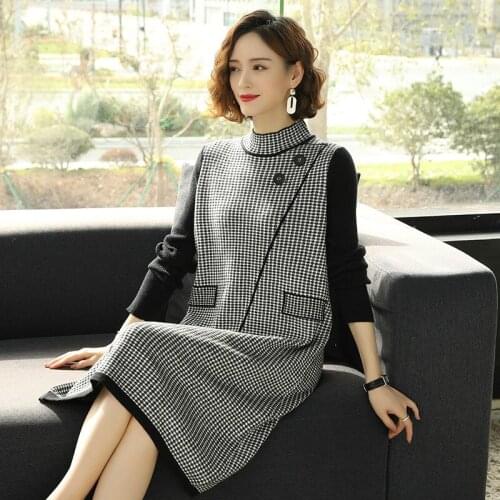 Women Sweater Dress Winter Autumn Turtleneck Long Sweaters Ladies Fashion Plaid Knit Dress Pullovers