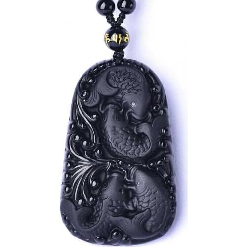 Drop shipping High Quality Natural Obsidian Pendant double fish Pendant Necklace For Men&Women lucky Necklace Chain Accessories