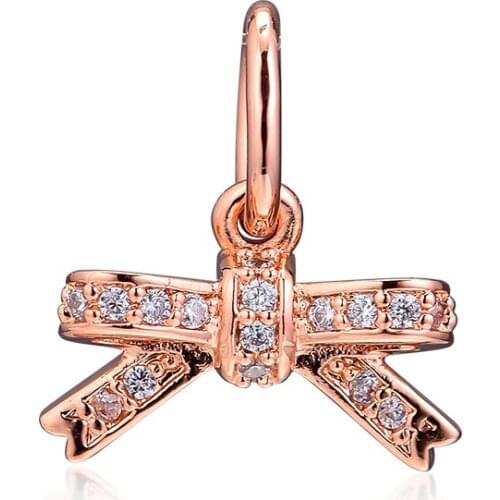 Rose Gold Sparkling Bow Charms 925 Sterling Silver Jewellery Fits Original Bracelet Beads for Women DIY Jewelry Making