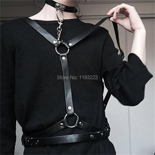 Sexy Punk Gothic 100% Handcrafted Leather Women Harness with Choker Underbust Waist Body Caged Straps Suspender Belt