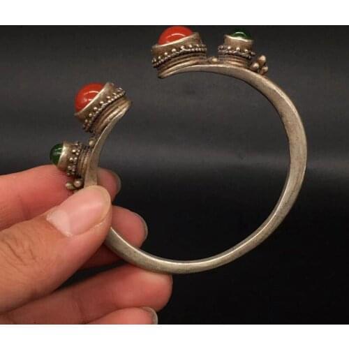 Antique retro Qing Dynasty silver silk bracelet inlaid with red jadeite jade folk Bracelet Silver Jewelry gilt silver bracelet