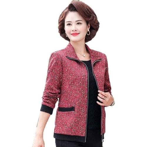 Spring Autumn Womens Coat Middle-AgedE Elderly Mother Casual Jacket Tops Short Zipper Printed Jackets Outerwear Plus Size 5XL