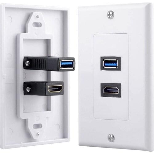 SHGO-1x 2Port HDMI+USB 3.0 Female Wall Face Plate Panel Outlet Socket Extender White