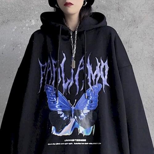 Hooded Sweatshirt Men Hoodies Women Punk Gothic Clothes Diablo High Street Hip-hop Loose Printed Butterfly Plus Velvet Funeral