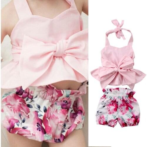 Newborn Infant Baby Girl Bow-knot Tops T-shirt Floral Shorts Pants 2Pcs Clothes