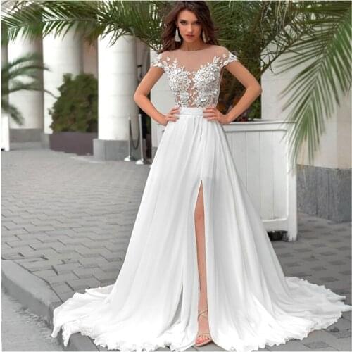 Gorgeous Lace Appliques Beading Wedding Dresses Split Side Bridal Gowns 2020 Long Beach Wedding Dress For Women