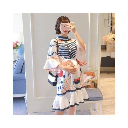 Spring new fashion high round neck graffiti independent printing maternity dress ruffle mid-length dress